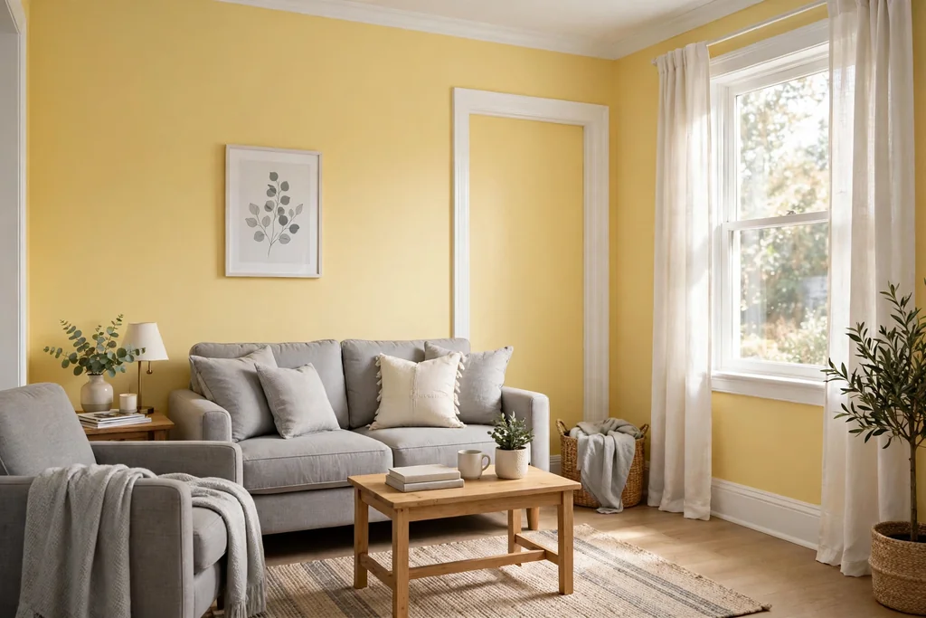 Small bright living room with butter yellow walls and soft grey upholstery.