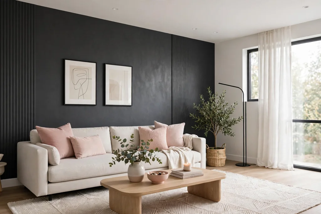 Modern living room with a charcoal wall, soft blush cushions, and a pale rug.