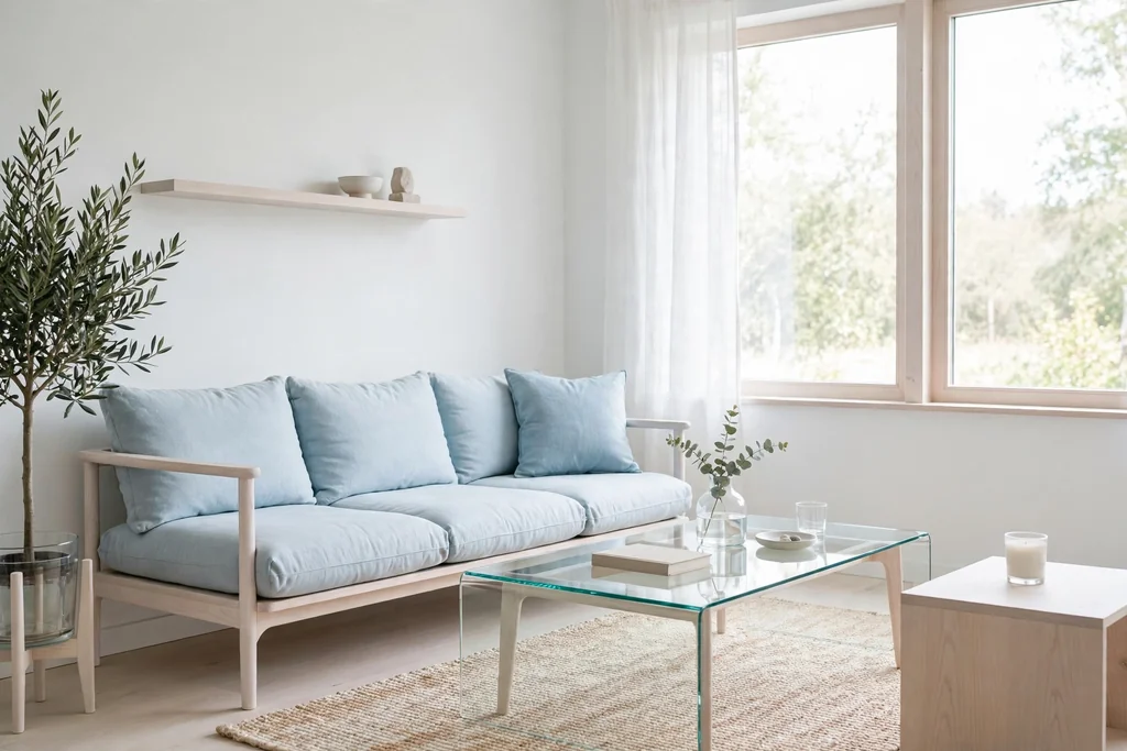 Bright minimal living room with cool white walls, ice blue cushions, and pale wood furniture.