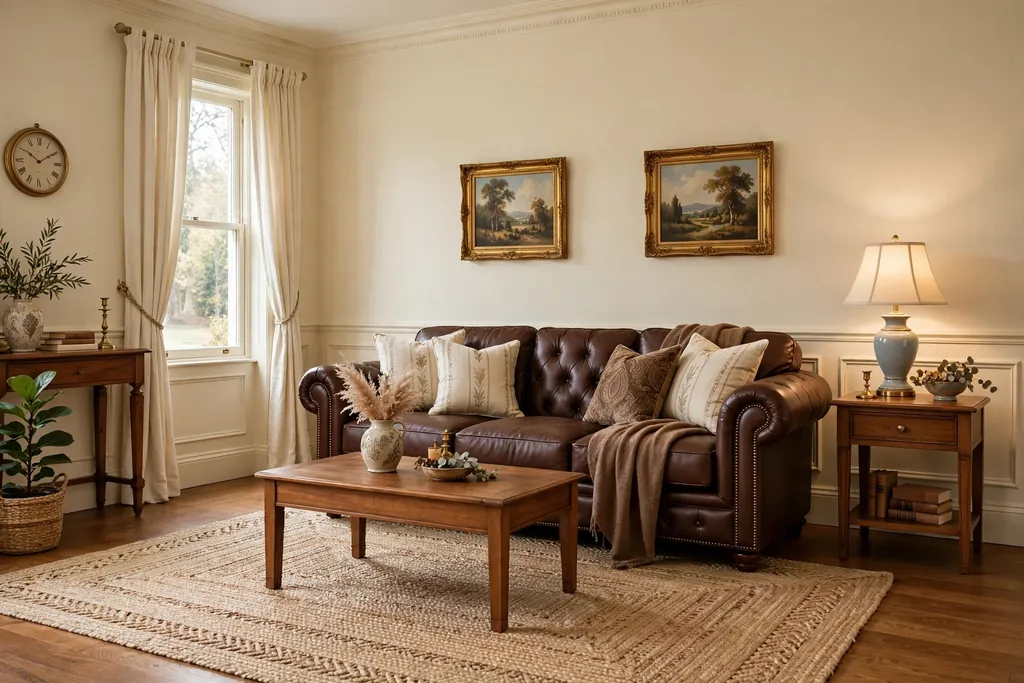 Classic living room with cream walls, a chocolate brown sofa, and mid wood tables.