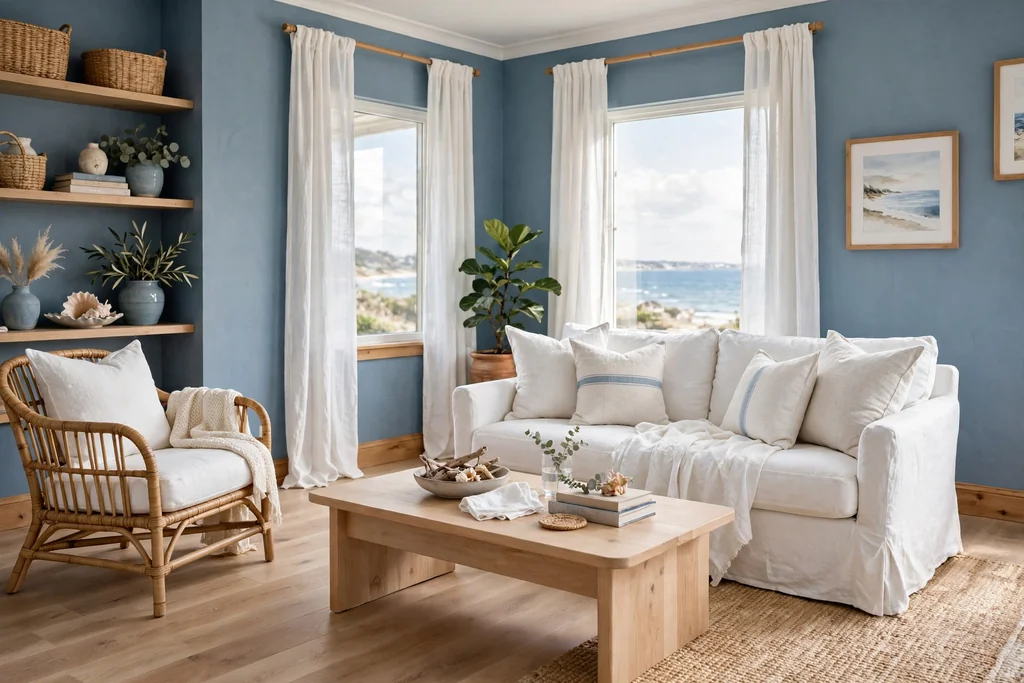 Coastal living room with dusty blue walls, natural wood floors, and white linen.