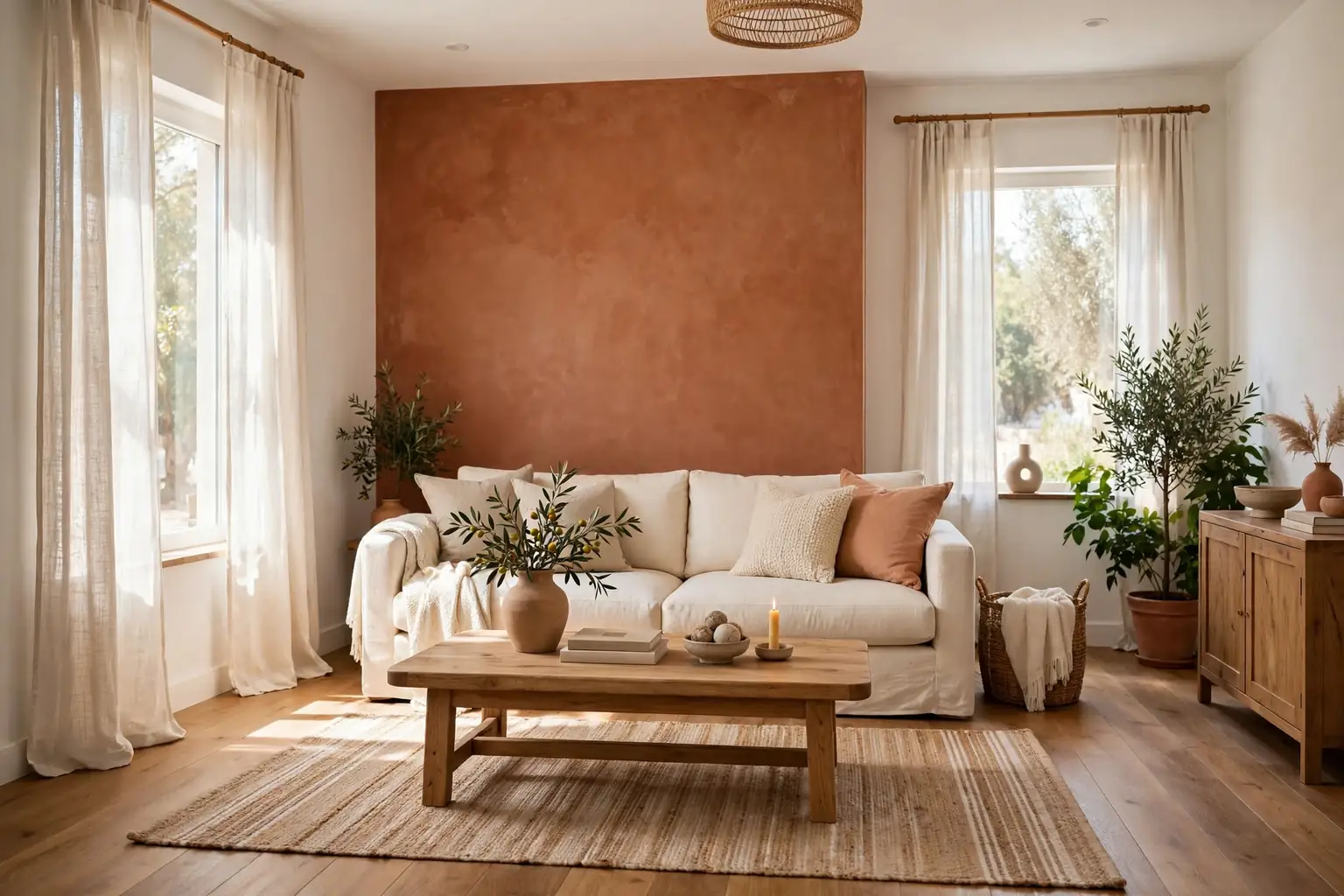 Wide living room with warm white walls, a terracotta accent wall, a cream sofa, and a wood coffee table in daylight.