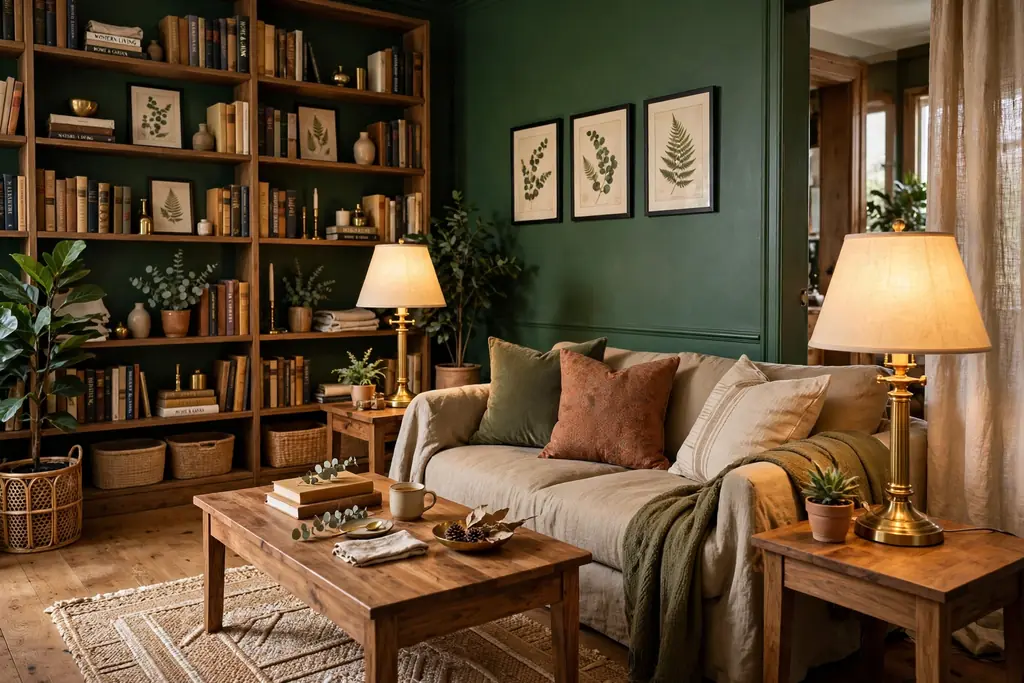 Living room with forest green walls, brass lamps, and wood bookshelves.
