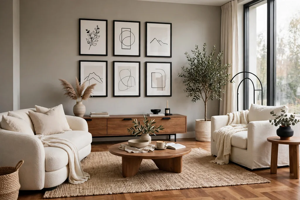 Contemporary living room with greige walls, matte black frames, and warm wood floors.