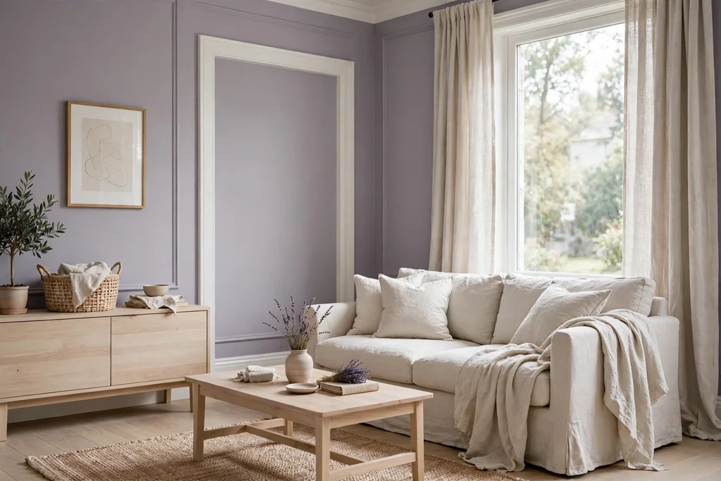 Quiet living room with lavender grey walls, white trim, and pale wood furniture.