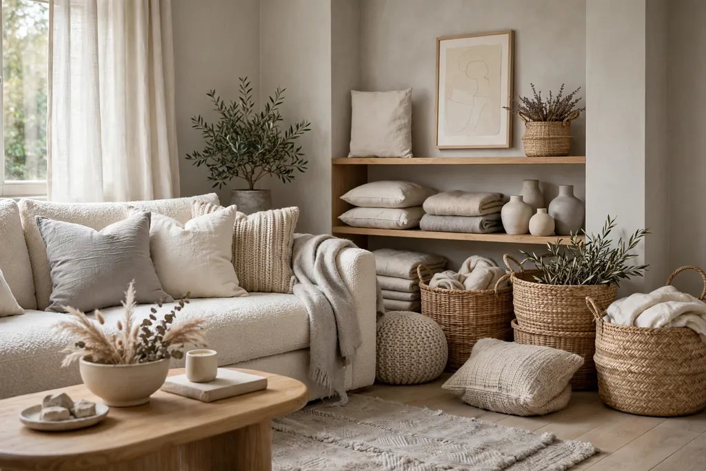 Calm living room layered in white, cream, beige, and soft grey with boucle, linen, and wool textures.
