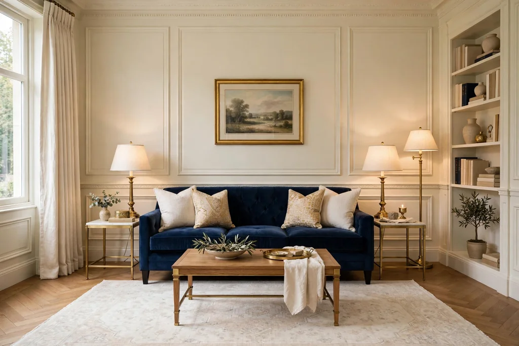 Formal sitting room with cream walls, a navy sofa, brass lamps, and a pale rug.