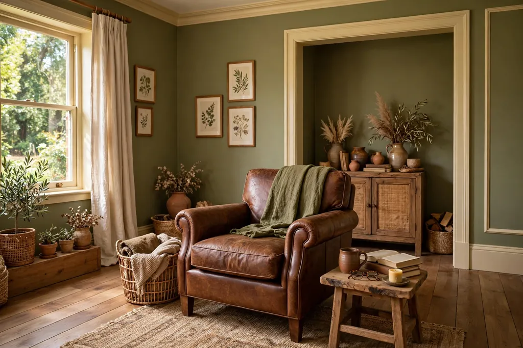 Earthy living room with olive green walls, cream trim, and a brown leather chair.