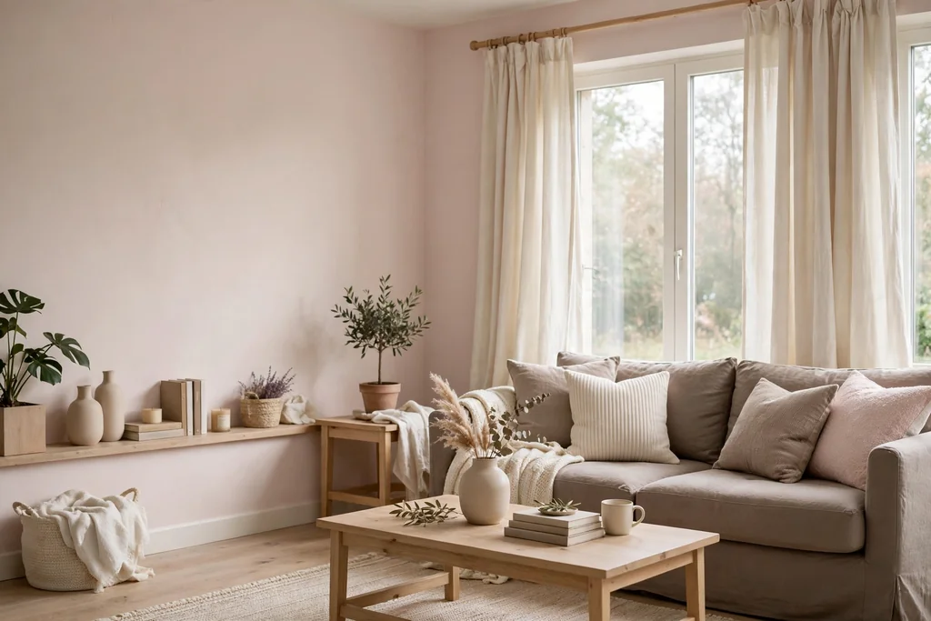 Soft living room with pale pink walls, taupe upholstery, and cream curtains.