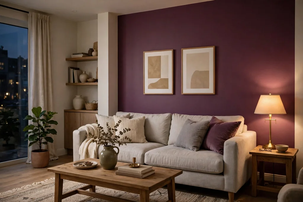 Evening living room with a plum accent wall, a pale grey sofa, and soft lamplight.