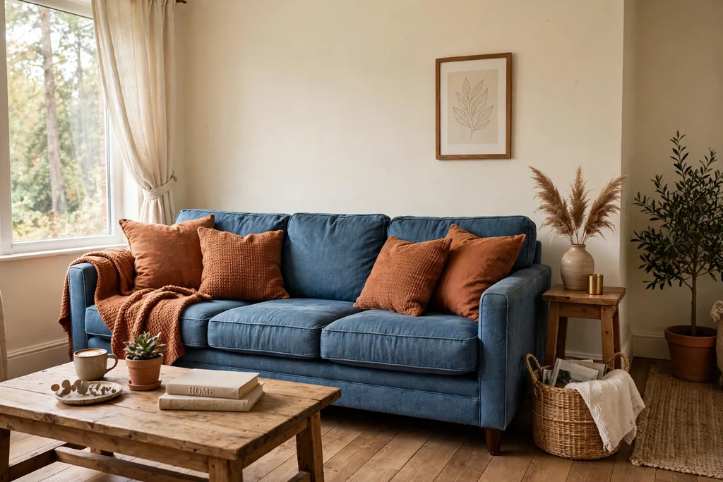 Casual living room with cream walls, rust cushions, and denim blue upholstery.