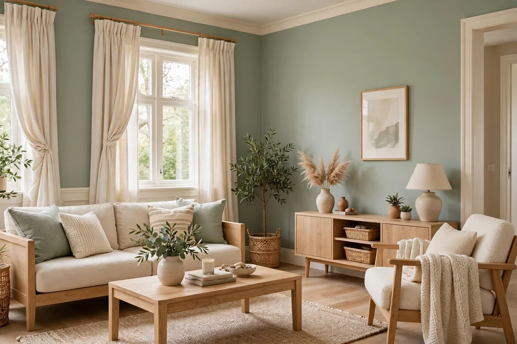 Living room with soft sage green walls, warm white trim, and light oak furniture.