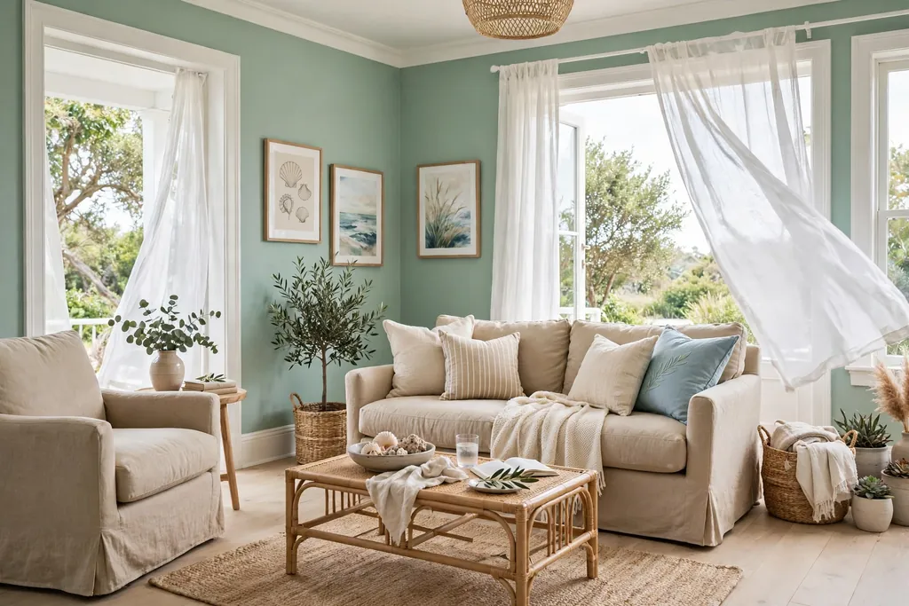 Breezy living room with seafoam green walls, sand colored upholstery, and light wood floors.