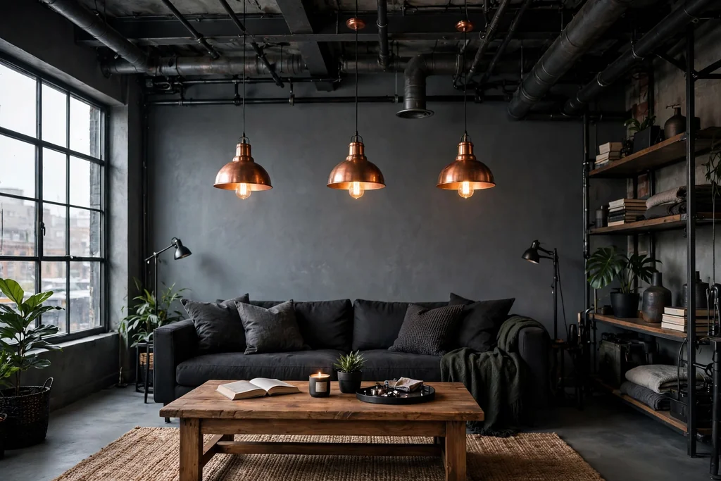 Industrial living room with slate grey walls, copper pendant lights, and a wood coffee table.
