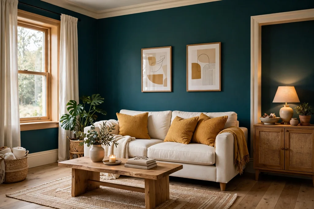 Living room with deep teal walls, mustard cushions, and a cream sofa.