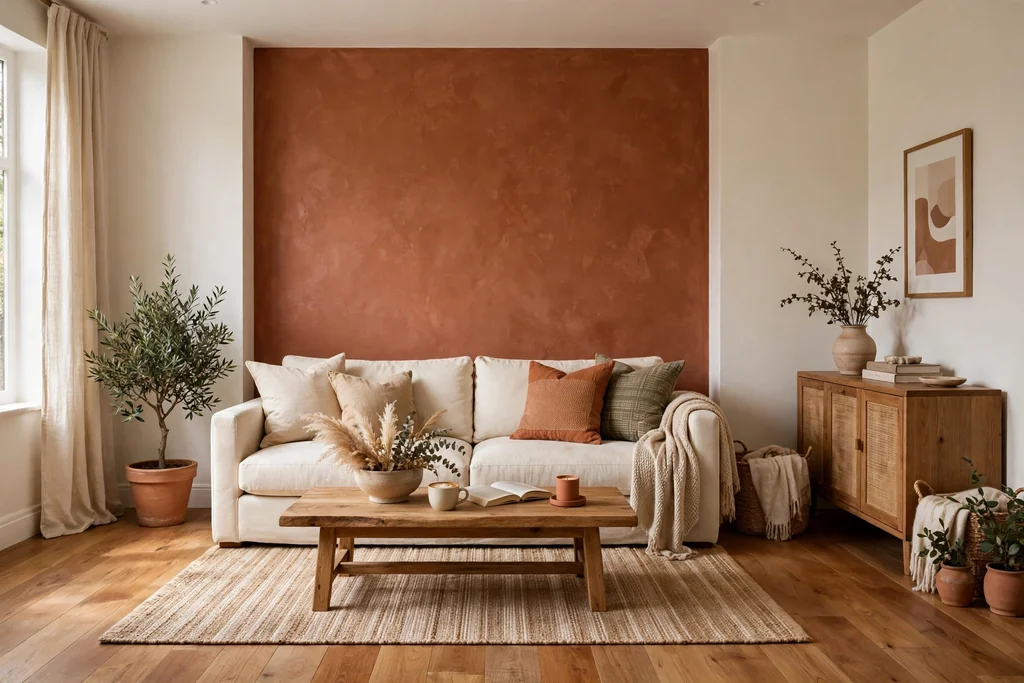 Living room with warm white walls and one terracotta accent wall behind a cream sofa.