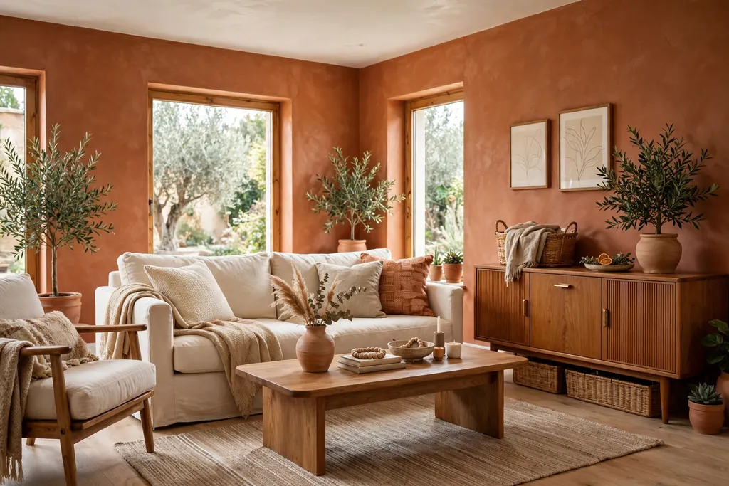 Living room with warm terracotta walls