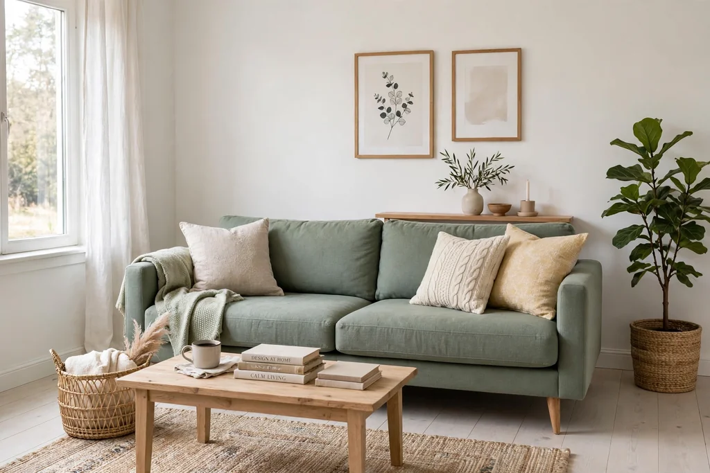 Living room with a sage green sofa against white walls and pale wood floors.