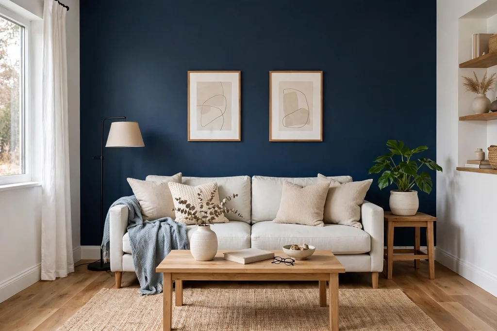 Living room with a deep navy accent wall behind a pale sofa.