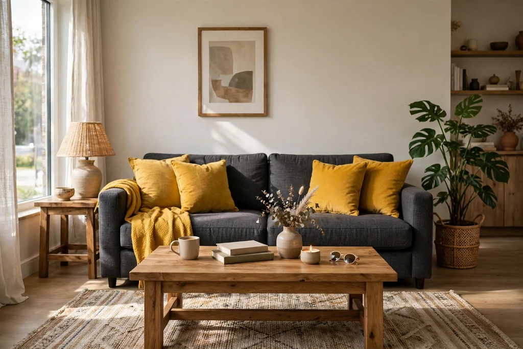 Living room with a charcoal sofa