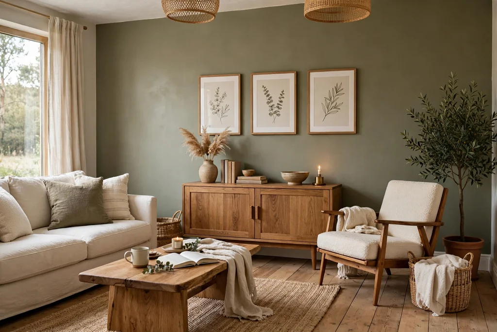 Living room with muted olive green walls
