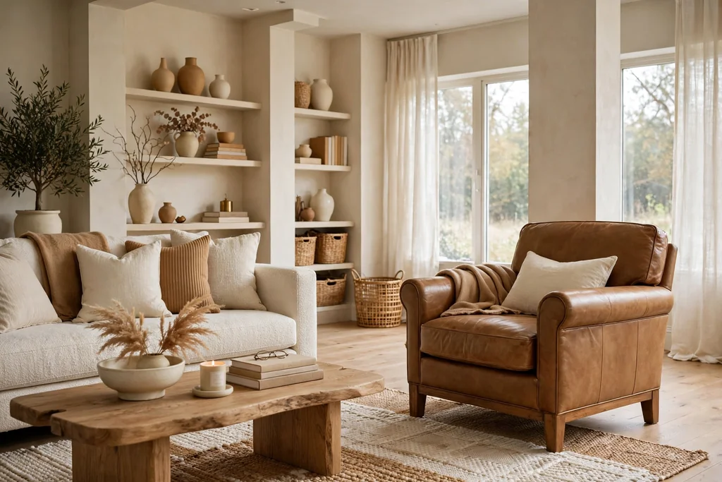 Living room in layered cream and caramel neutrals with a tan leather chair.