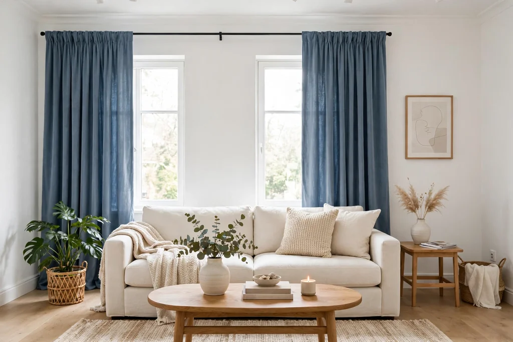 Living room with dusty blue full length curtains over white walls.