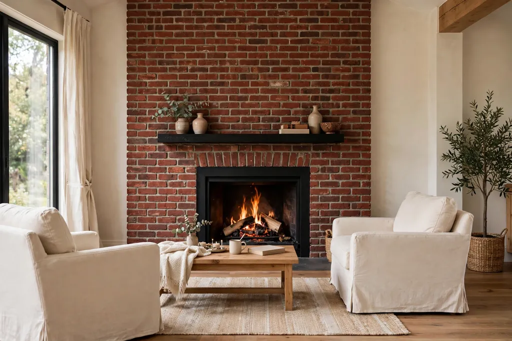 Living room with a brick red fireplace wall and cream seating facing the fire.