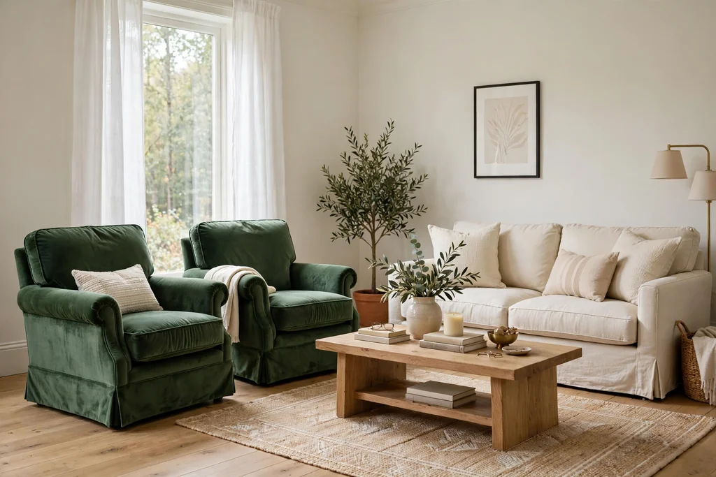 Living room with forest green velvet armchairs opposite a cream sofa.