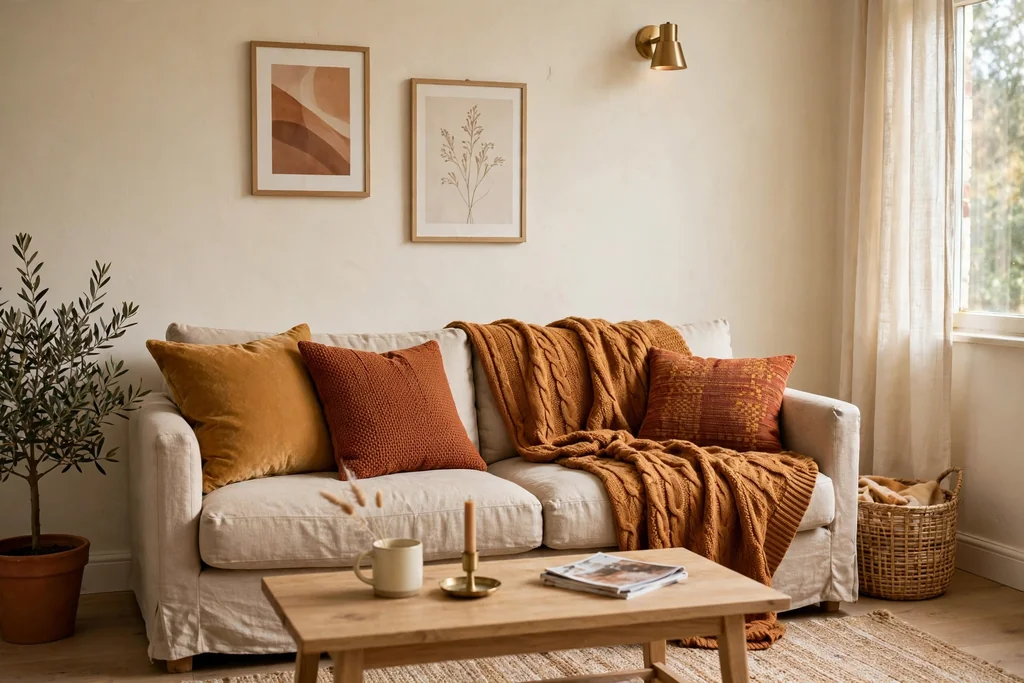 Beige sofa dressed with ochre and rust cushions and a warm throw.
