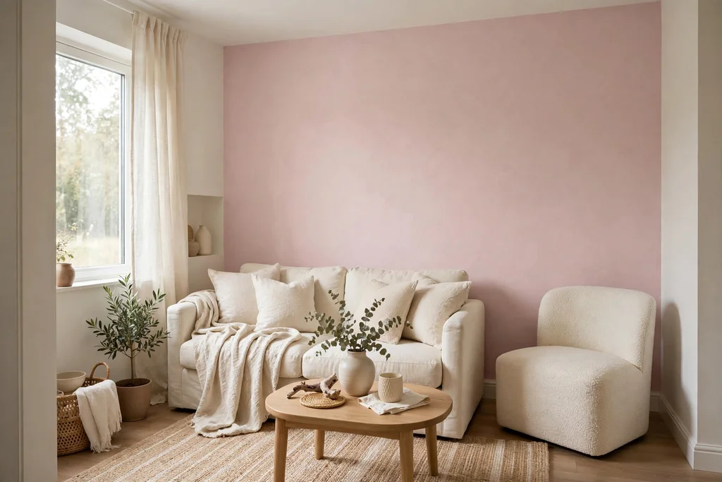 Small living room with a pale pink feature wall and cream furniture.