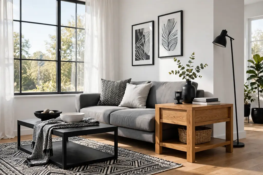 Black and white living room with a warm oak side table and a grey sofa.