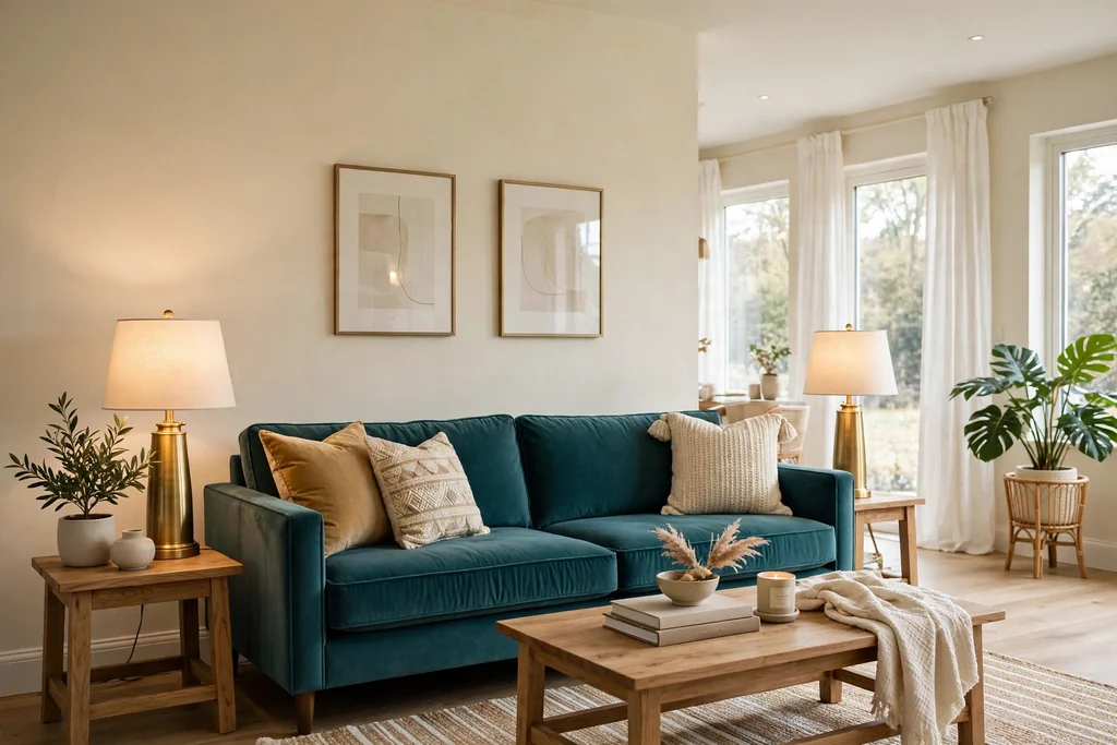 Living room with a teal sofa