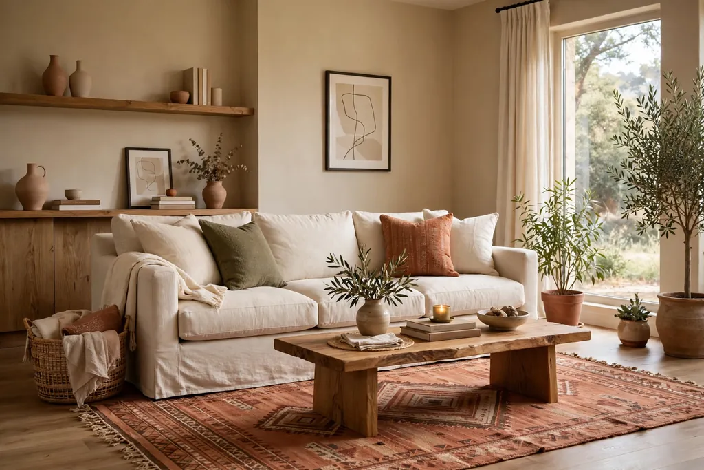 Living room with warm greige walls and a terracotta rug under the sofa.