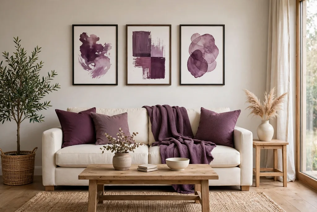 Neutral living room with plum cushions, a plum throw, and plum wall art.