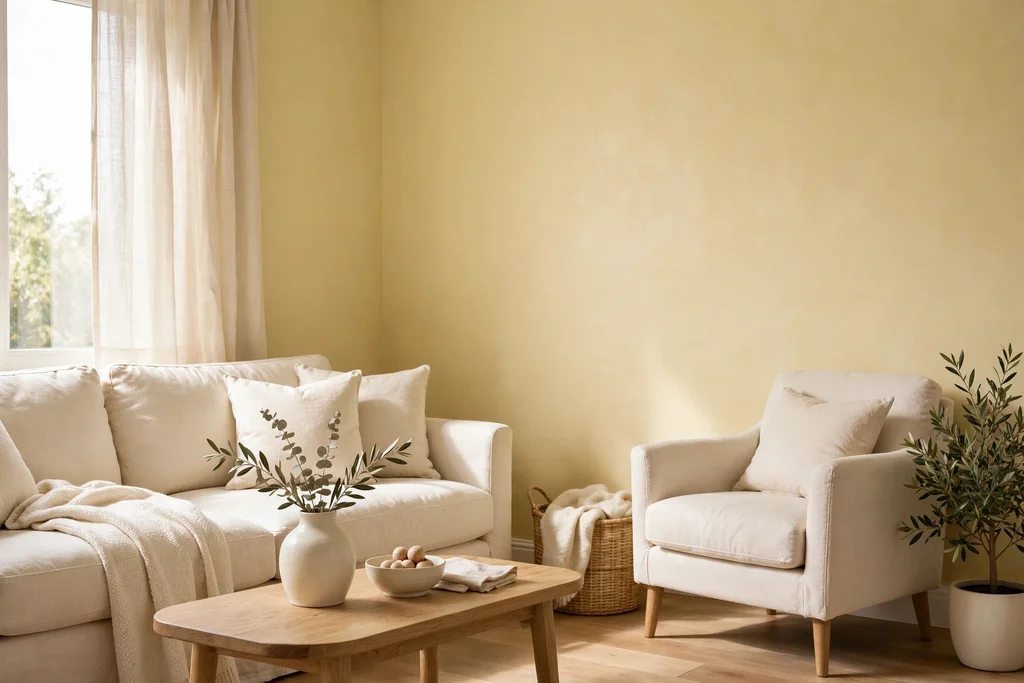 Living room corner with soft butter yellow walls and cream furniture.