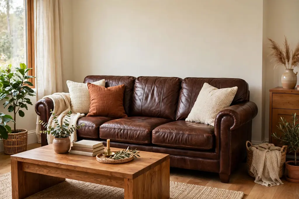 Living room with a chocolate brown leather sofa against cream walls.