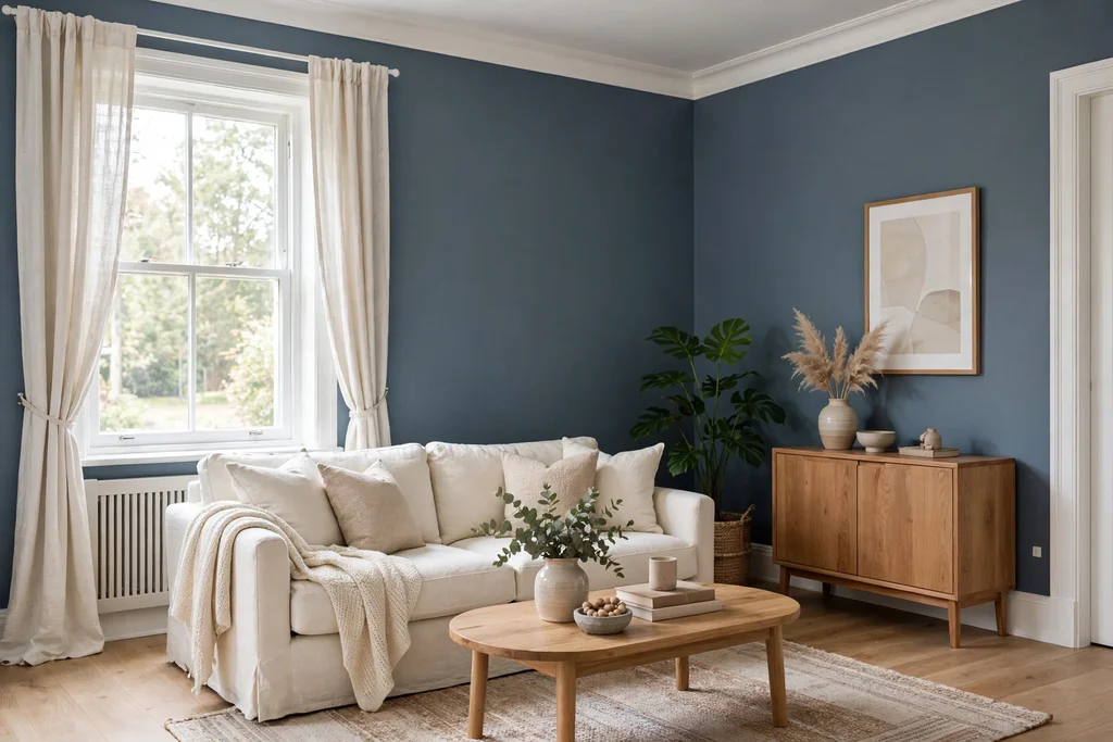 Living room with slate blue walls, bright white trim, and a cream sofa.