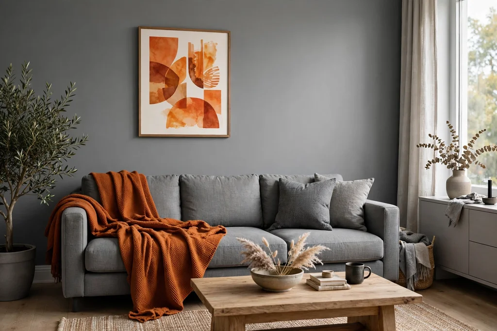 Grey walled living room with a burnt orange throw and orange wall art.