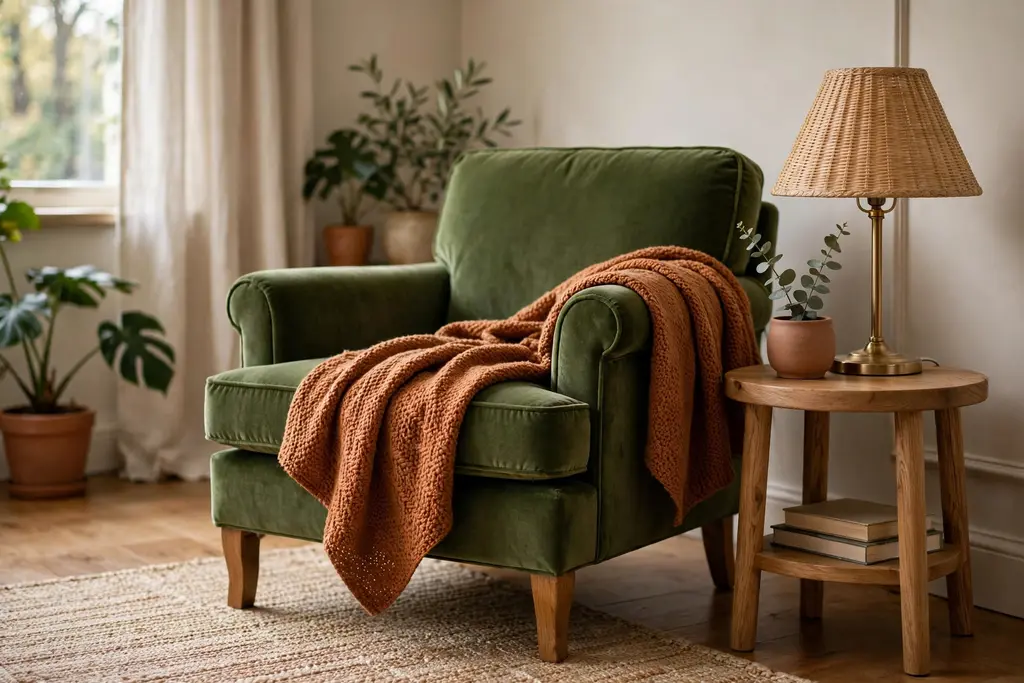 Living room reading corner with a moss green armchair and a clay colored throw.