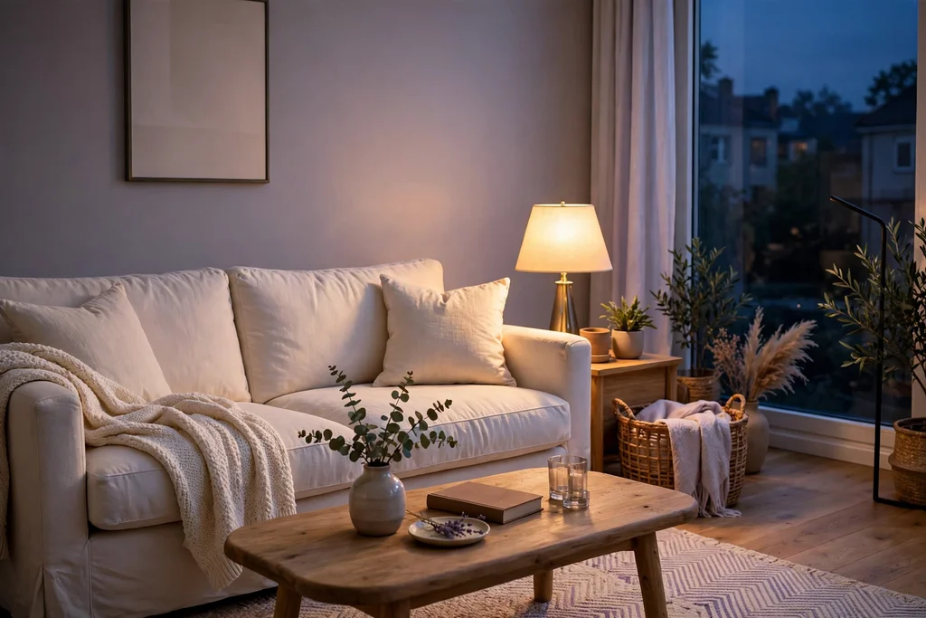 Evening living room with soft lavender grey walls and a cream sofa.