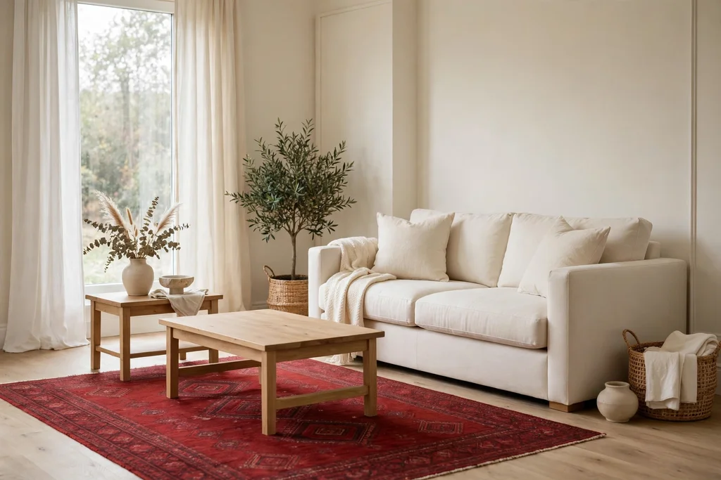 Cream living room anchored by a deep red rug under the coffee table.
