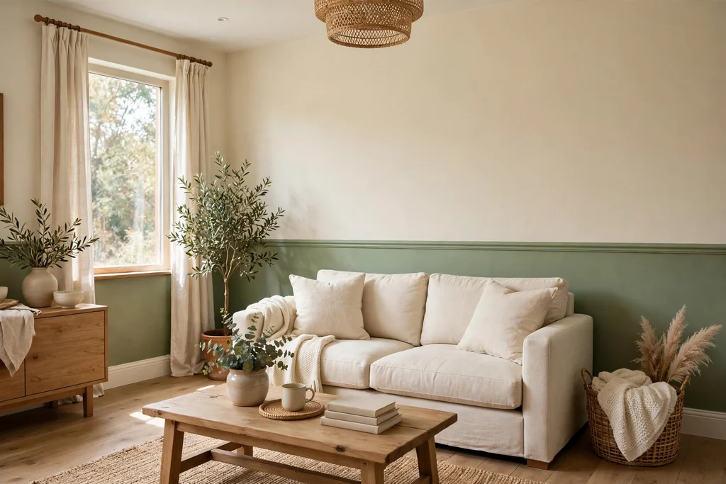 Living room with two tone walls in cream above and muted green below a chair rail.