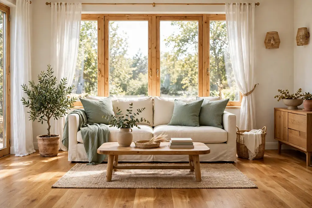 Living room with golden wood floors, a cream sofa, and sage cushions.