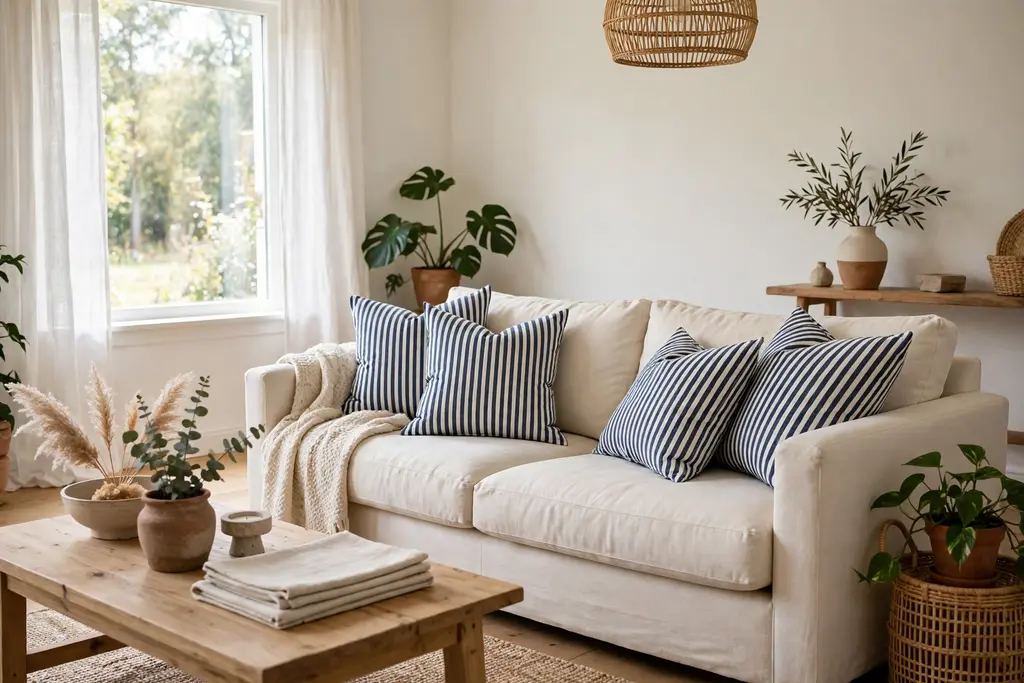 Cream sofa dressed with navy and white striped cushions.