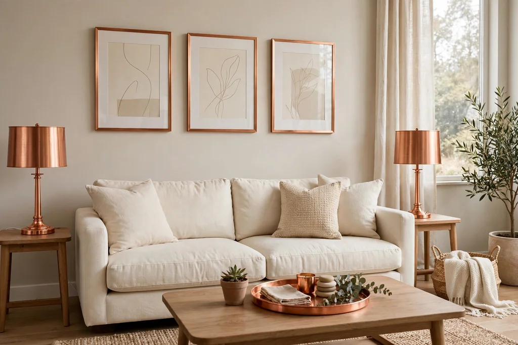 Neutral living room with copper lamps, copper frames, and a copper tray.