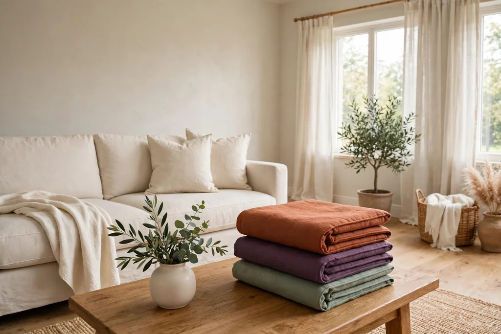 Neutral living room with a cream sofa and folded seasonal cushion covers in rust, plum, and sage.