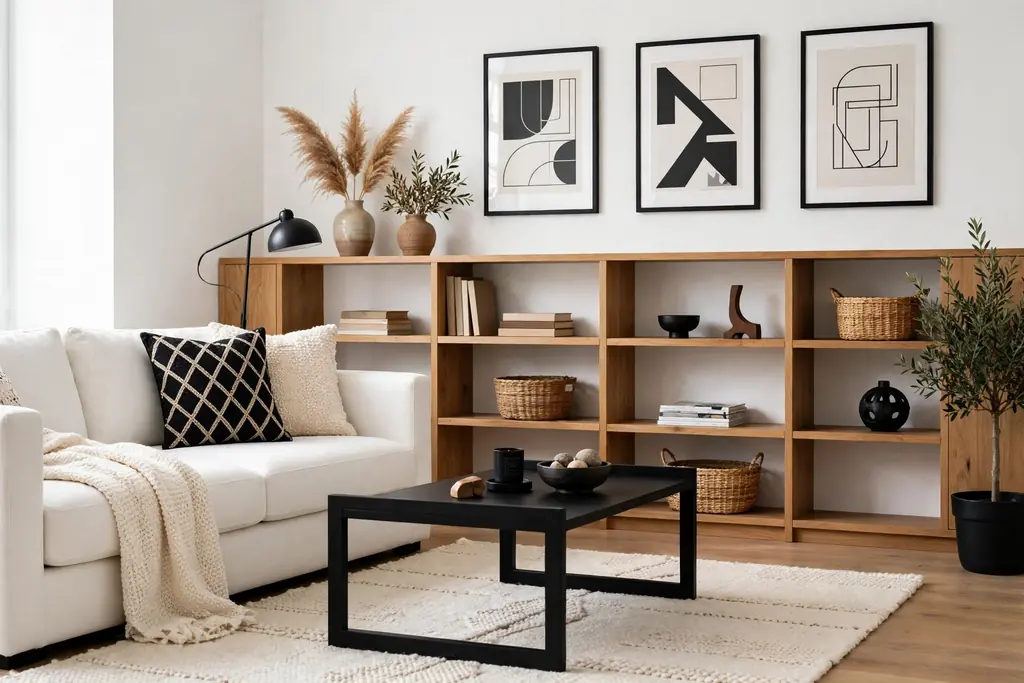 Graphic living room with white walls, black framed prints, black coffee table, and warm wood shelving.