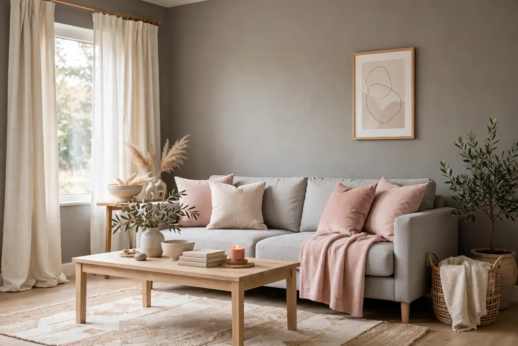 Living room with warm grey walls, light grey sofa, blush pink cushions and throw, and cream curtains.