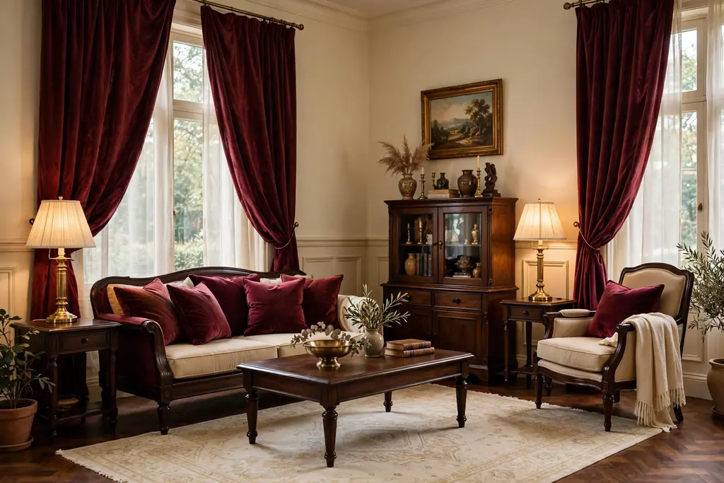 Traditional living room with cream walls, burgundy cushions and curtains, brass lamps, and dark wood furniture.